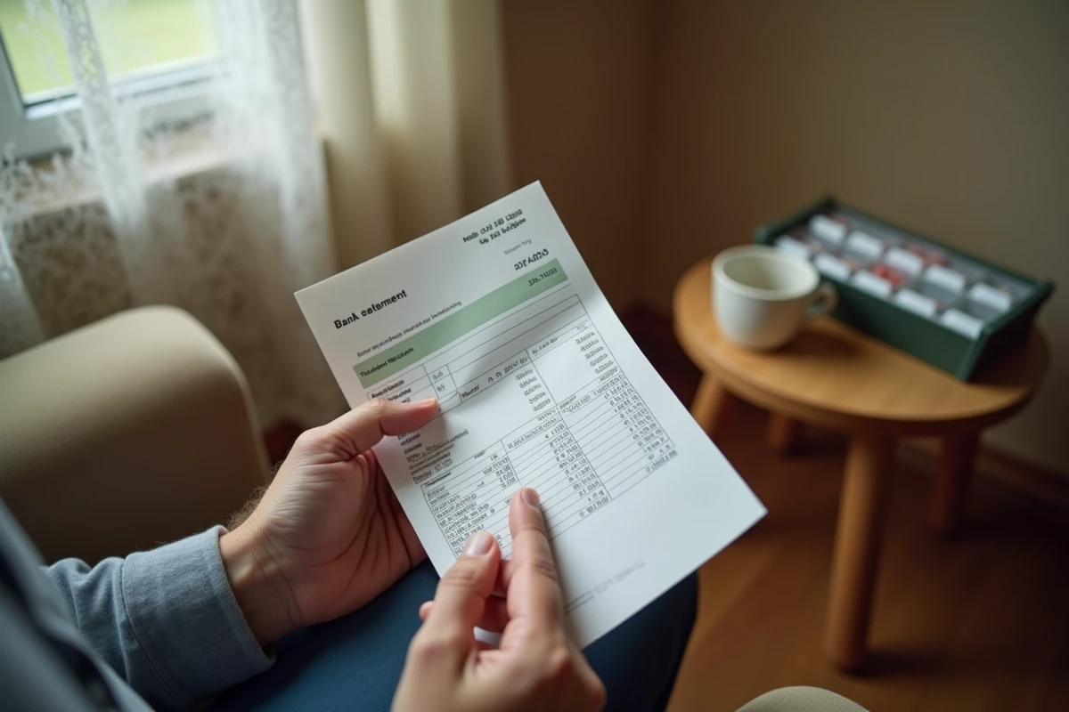 Gros plan sur des mains tenant un relevé bancaire pour suivre le versement d'une pension d'invalidité