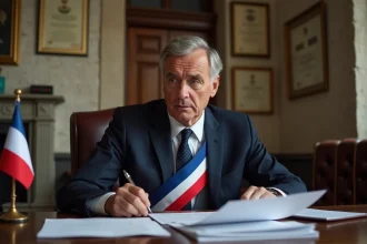 Maire en écharpe tricolore examinant des documents administratifs dans son bureau de mairie