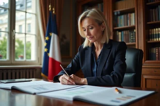Maire de Paris travaillant sur des documents officiels relatifs aux indemnités et salaires dans un bureau institutionnel haussmannien