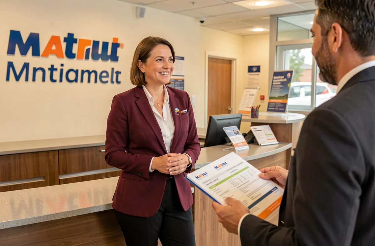 Conseillère Matmut dans le Loiret accueillant un client pour une question d'assurance auto