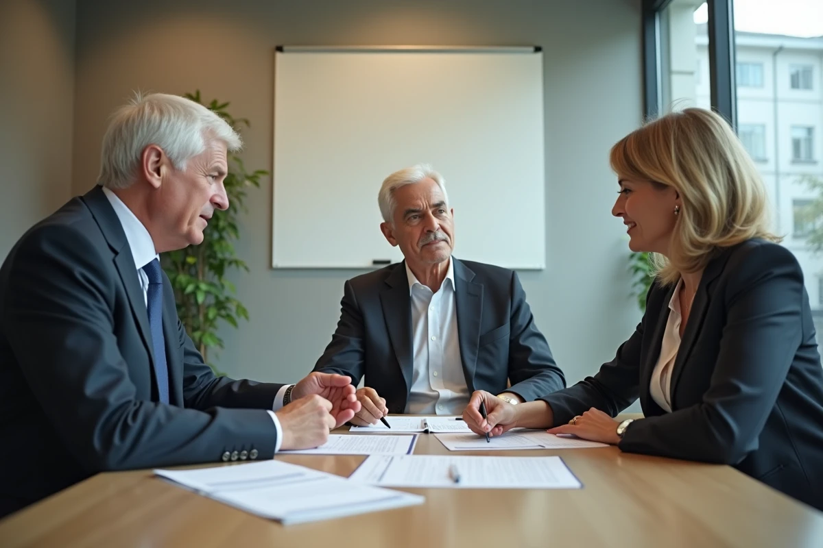 Couple en discussion avec un médiateur lors d'une procédure de divorce et partage de biens