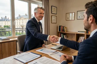 Courtier en assurance dans le Loiret recevant un client dans un bureau professionnel moderne