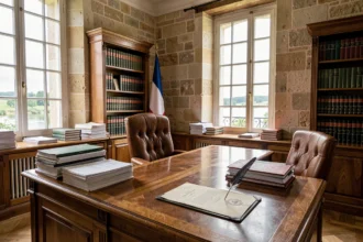 Bureau de notaire en Loire-Atlantique avec mobilier en bois, documents officiels et vue sur la Loire