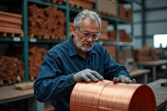 Métallurgiste inspectant une bobine de fil de cuivre de haute pureté dans une installation industrielle de recyclage