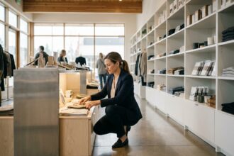 Manager de boutique inspectant un mobilier de magasin modulaire blanc Someva dans un espace de vente moderne aux sols en béton poli
