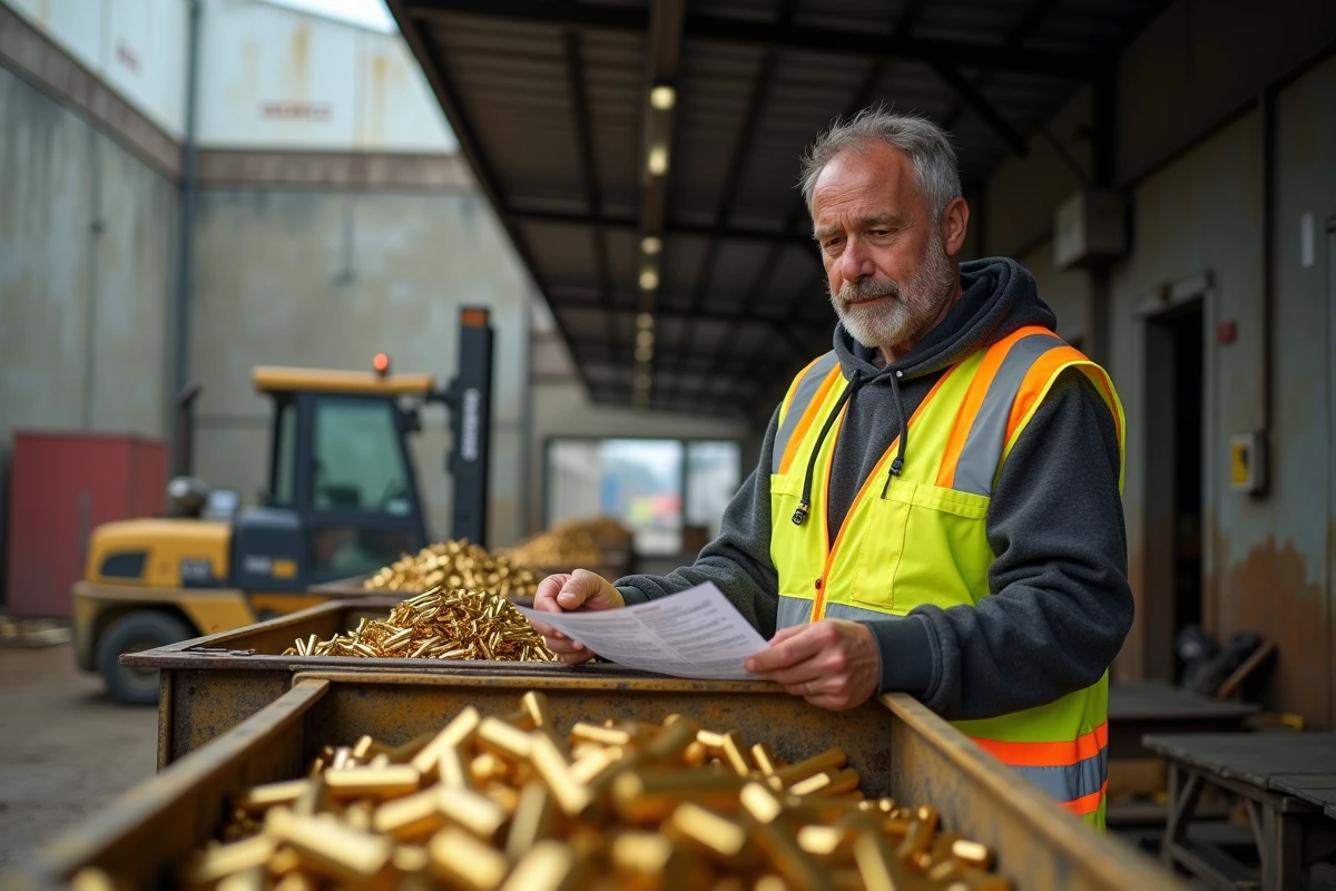 Négociant en métaux consultant un tarif de rachat du laiton au kilo dans une déchetterie industrielle
