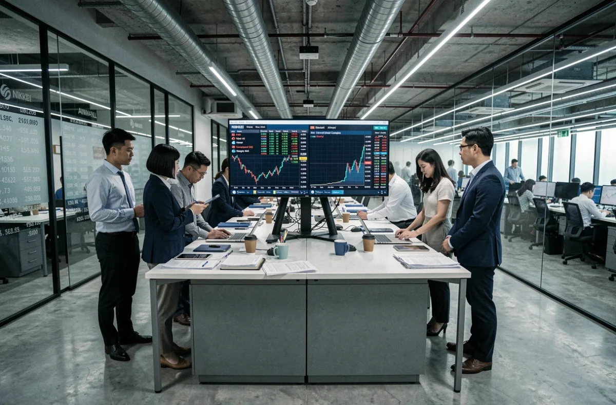Salle de rédaction financière à Singapour avec des analystes surveillant les indices boursiers asiatiques en temps réel avant l'ouverture des marchés