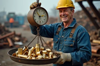 Ouvrier pesant des pièces en laiton sur une balance industrielle dans une casse métallurgique