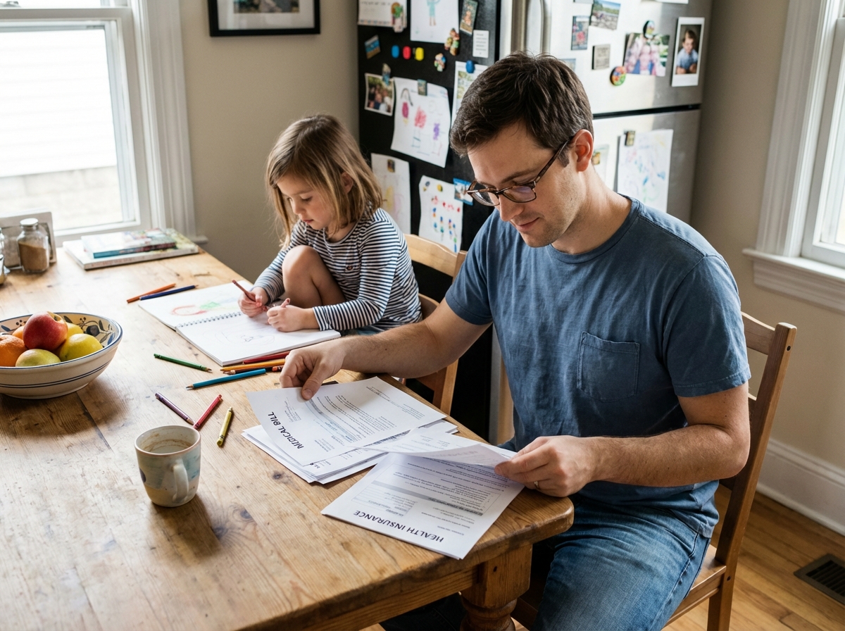 Père et fille dessinant à la table de cuisine en famille