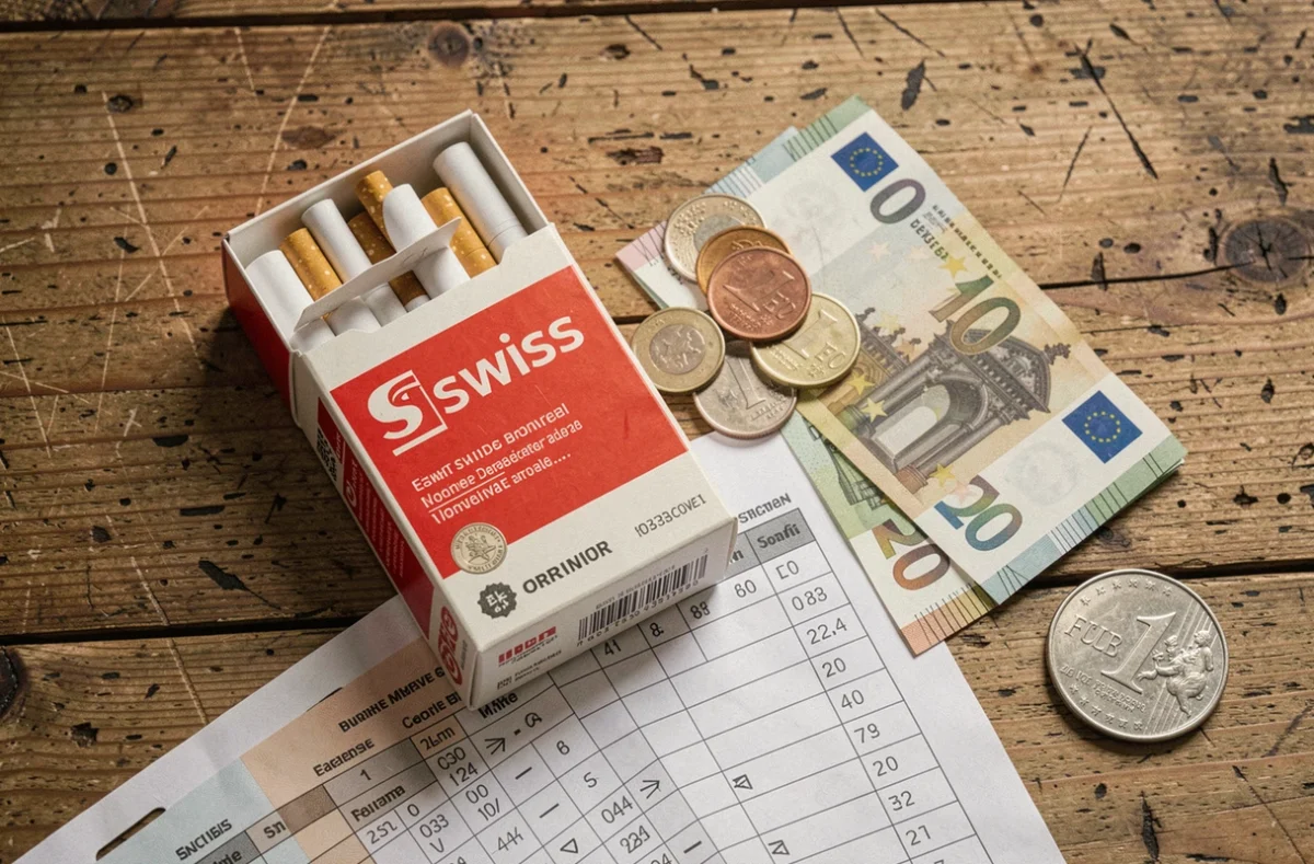 Paquet de cigarettes suisse posé à côté d'euros et d'un tableau de conversion des devises, comparaison des prix en Suisse