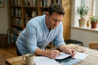 Homme consultant des documents financiers pour planifier l'achat d'une voiture sans épuiser son épargne