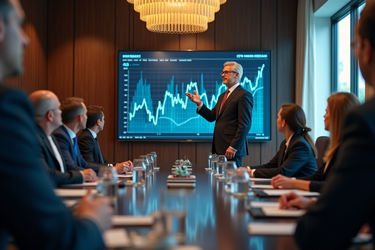 Homme en costume présentant des graphiques financiers