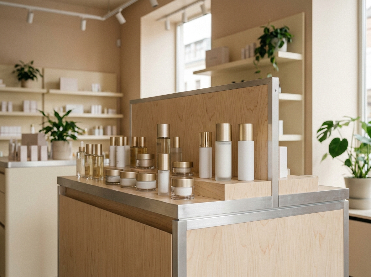 Présentoir de merchandising en bois et métal brossé Someva dans une boutique cosmétique haut de gamme avec produits soigneusement disposés