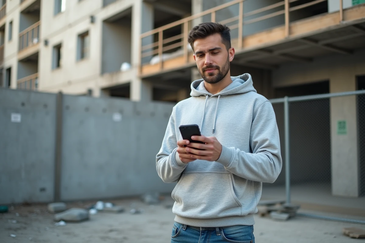 Jeune primo-accédant consultant les taux bancaires sur smartphone devant un chantier immobilier