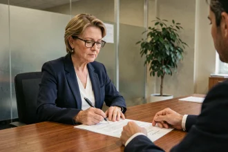 Une femme signe un document de procuration bancaire dans une agence avec un conseiller en face d'elle