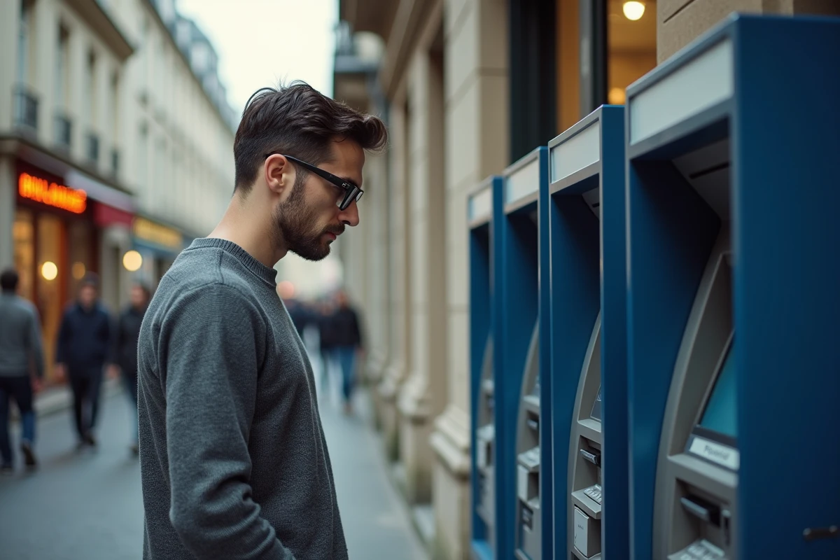 Professeur vérifiant son compte bancaire à un distributeur automatique, symbolisant l'inquiétude face aux retards de paiement des salaires en 2026