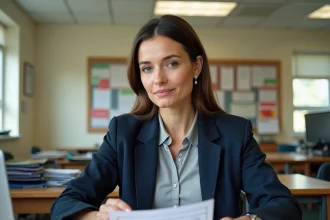 Professeure consultant sa fiche de paie dans une salle des professeurs avec des dossiers administratifs sur le bureau