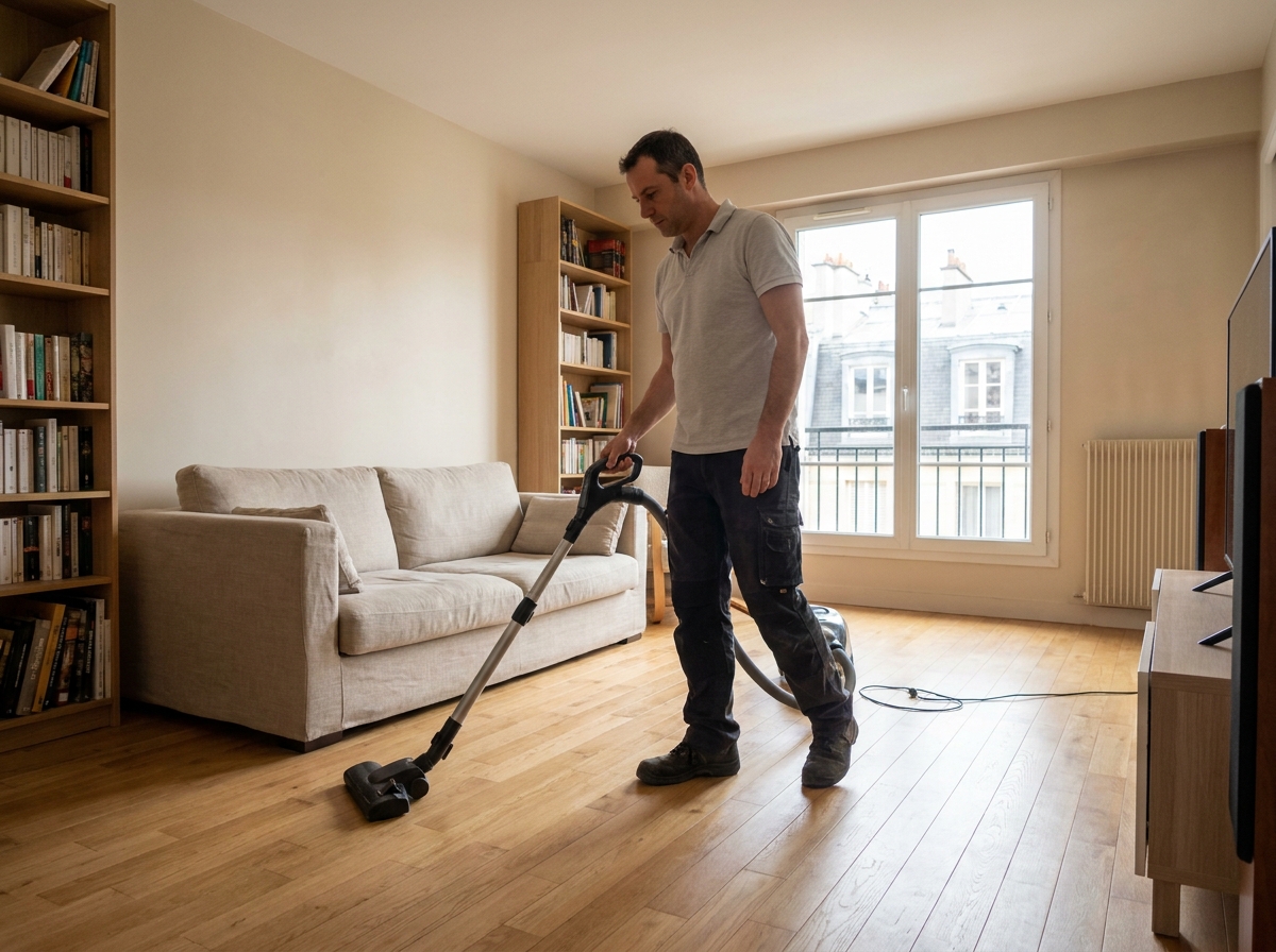 Professionnel de l'entretien à domicile passant l'aspirateur dans un salon moderne à Levallois-Perret, prestation de ménage Centre Services