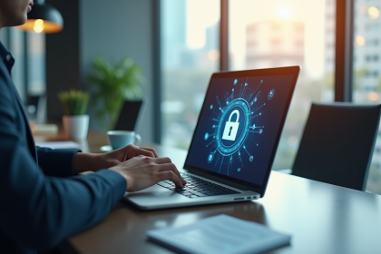 Un professionnel moderne consulte des documents sécurisés sur un ordinateur