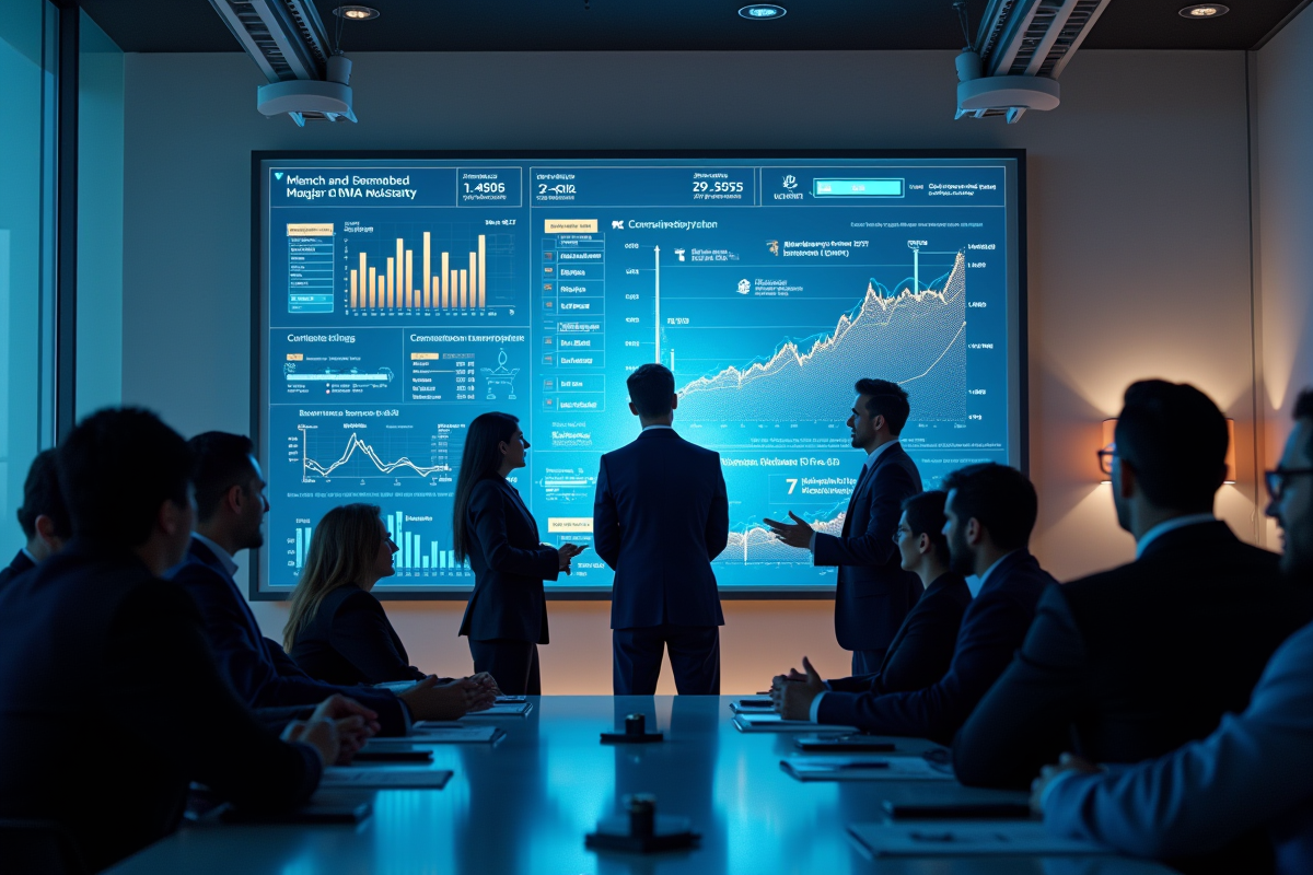 Groupe de professionnels discutant devant un écran blockchain en salle hightech