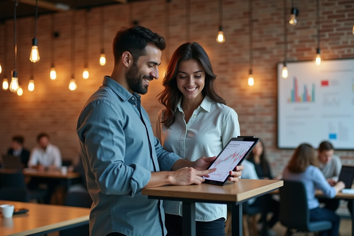 Deux professionnels collaborant sur une stratégie d'investissement dans un espace de coworking moderne