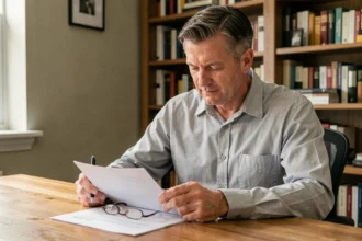 Propriétaire examinant un contrat d'assurance loyer impayé à son bureau