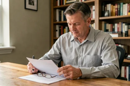 Propriétaire examinant un contrat d'assurance loyer impayé à son bureau