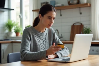 Femme vérifiant ses achats en ligne avec une carte bancaire sur son ordinateur portable dans une cuisine moderne