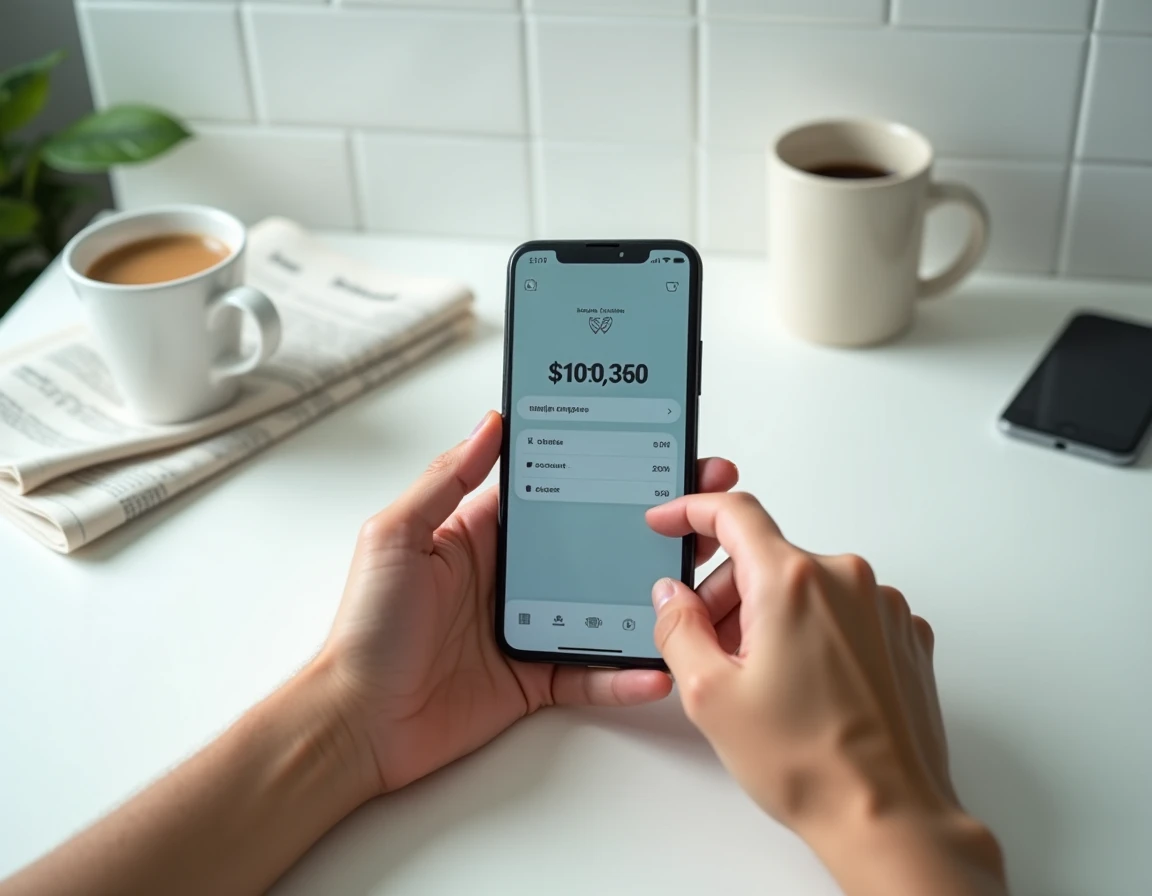 Mains tenant un smartphone affichant des relevés de compte bancaire sur une application mobile de banque en ligne
