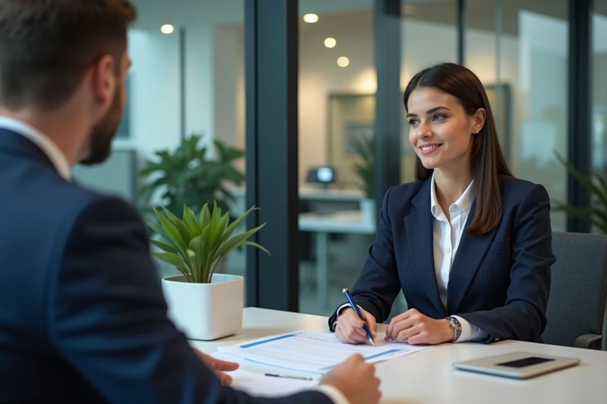 Femme primo-accédante en rendez-vous avec un conseiller bancaire pour un prêt immobilier