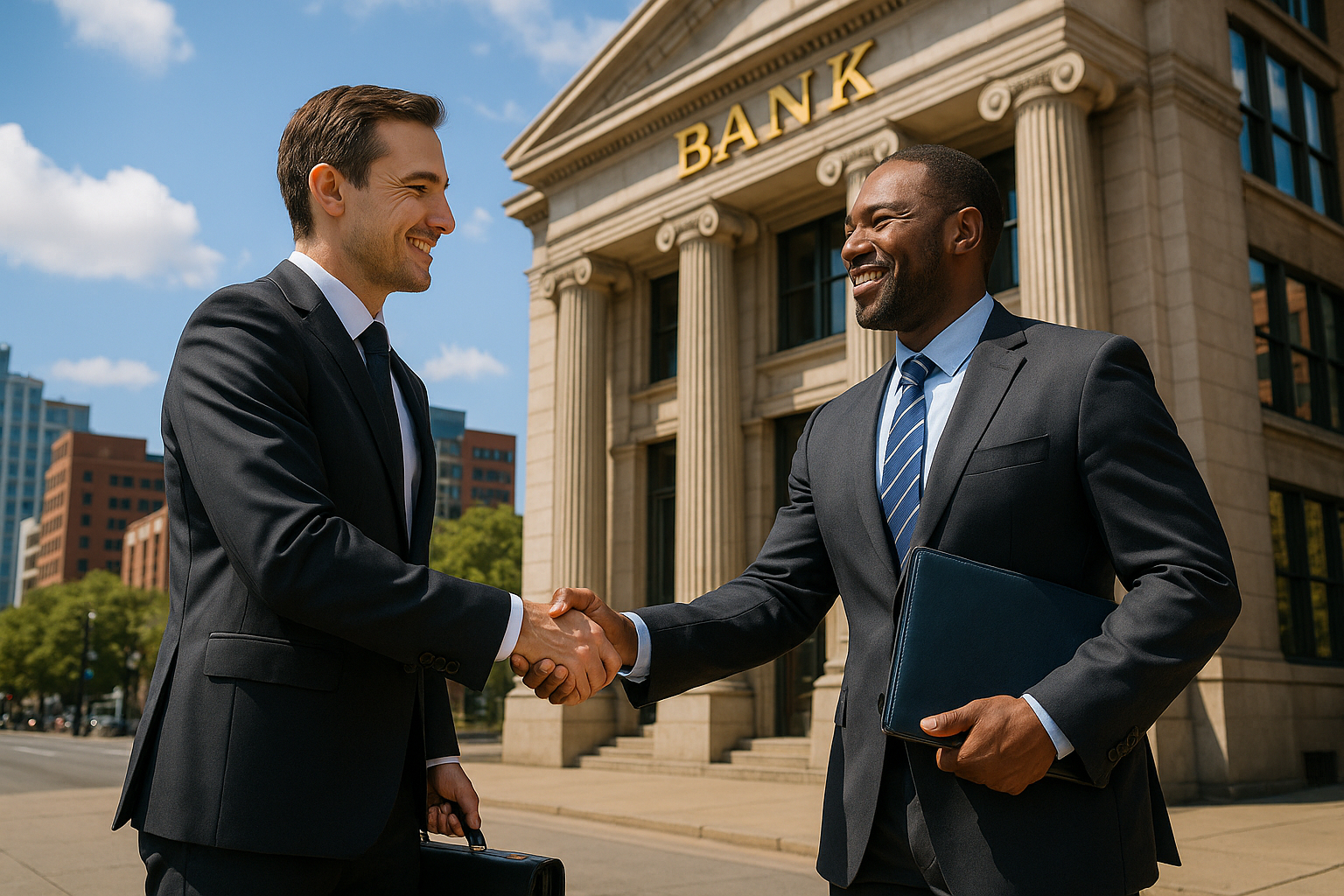 Deux professionnels serrant la main devant une banque en ville en signe d accord