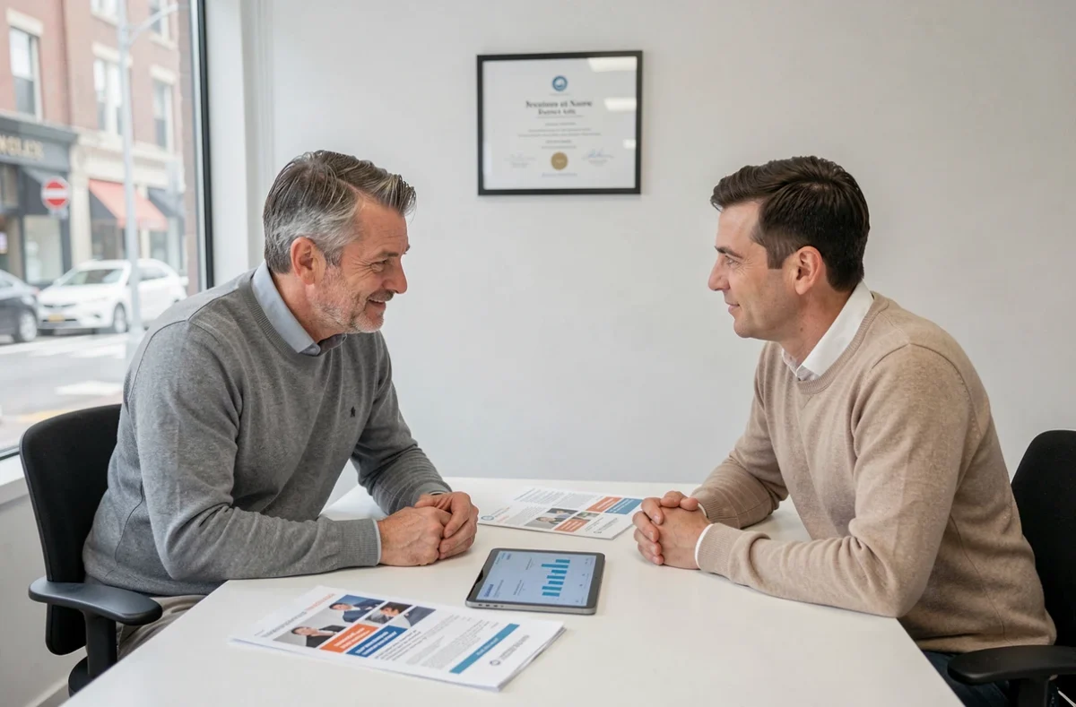 Réunion entre un client et un conseiller pour obtenir un devis personnalisé d'assurance responsabilité civile professionnelle