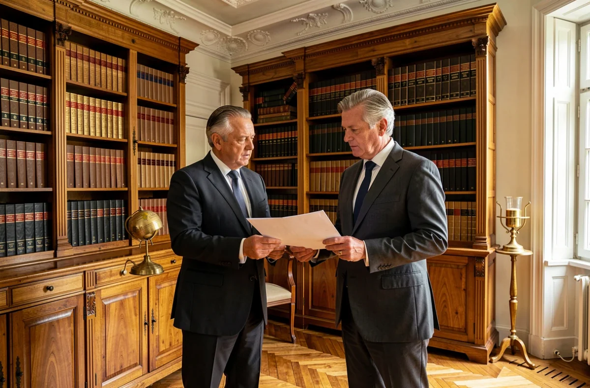 Deux associés notaires de RL&A Notaires Associés discutant d'un document juridique dans un bureau classique