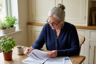 Femme senior examinant des documents de complémentaire santé à sa table de cuisine