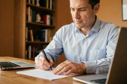 Un homme signe un document de changement d'assurance emprunteur à son bureau à domicile, illustrant la loi Hamon
