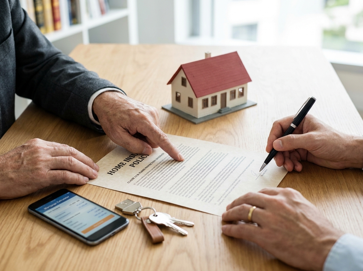 Mains d'un courtier en assurance et d'un acheteur immobilier signant un contrat de couverture habitation