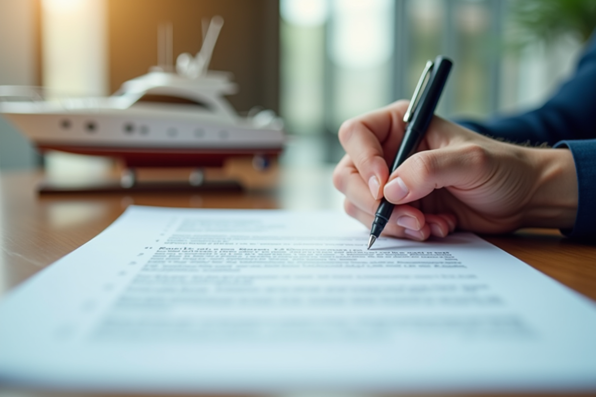 Main signant un contrat de prêt bateau avec maquette et cartes