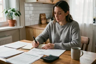 Femme calculant son budget mensuel avec 1800 euros brut à sa table de cuisine