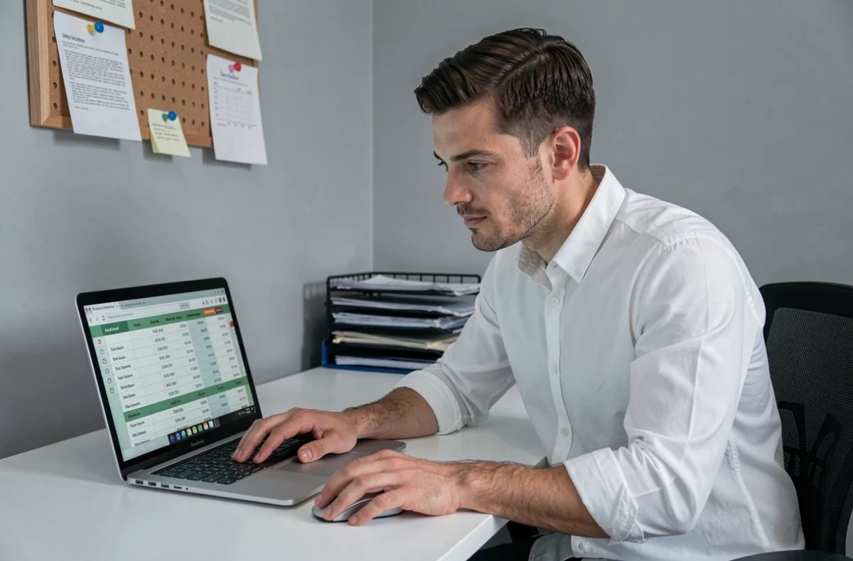 Homme consultant un tableau de simulation salaire brut net sur ordinateur portable