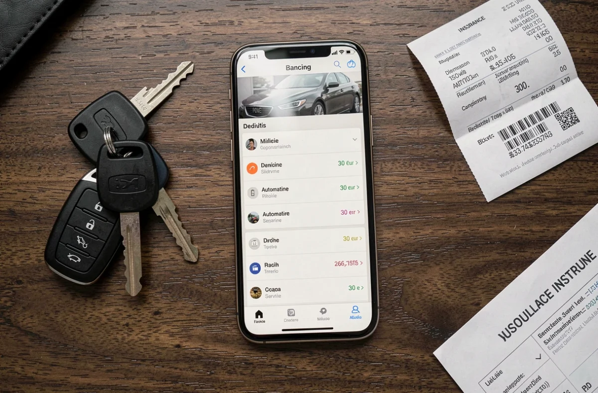 Gros plan sur un smartphone affichant une application bancaire avec un prélèvement de 30 euros SGS Automotive dans la liste des transactions