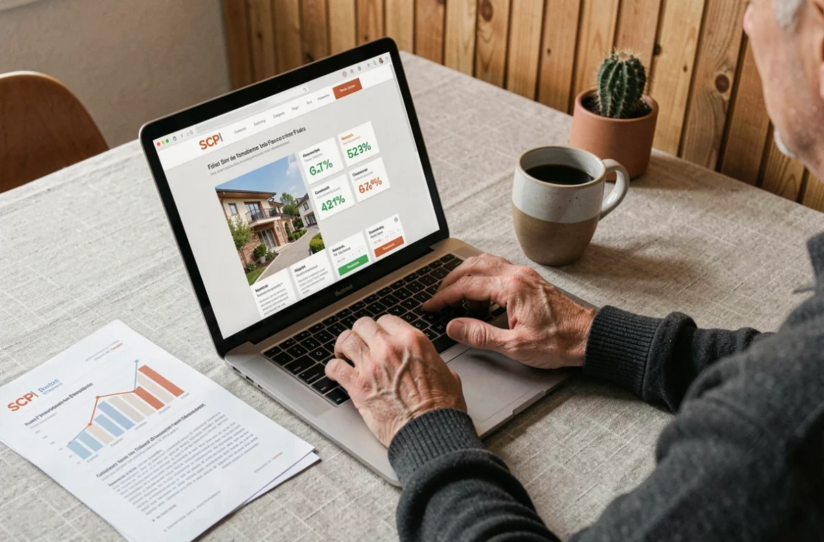 Souscription en ligne à des parts de SCPI sur un ordinateur portable depuis un bureau à domicile