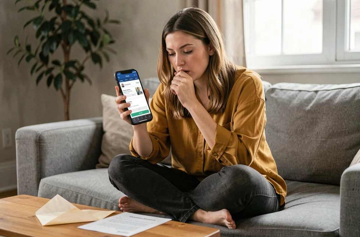 Jeune femme suivant l'état de son dossier de versement 1745 sur smartphone depuis son salon