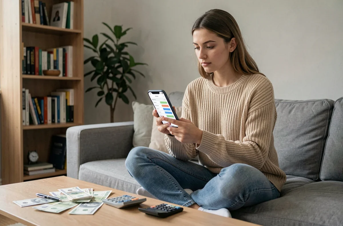 Jeune femme en colocation consultant un tableau de suivi des dépenses partagées sur son smartphone depuis le canapé