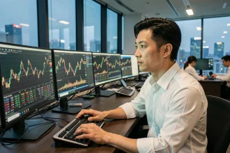 Trader asiatique analysant les marchés boursiers asiatiques sur plusieurs écrans dans une salle de trading moderne à Tokyo avant l'ouverture