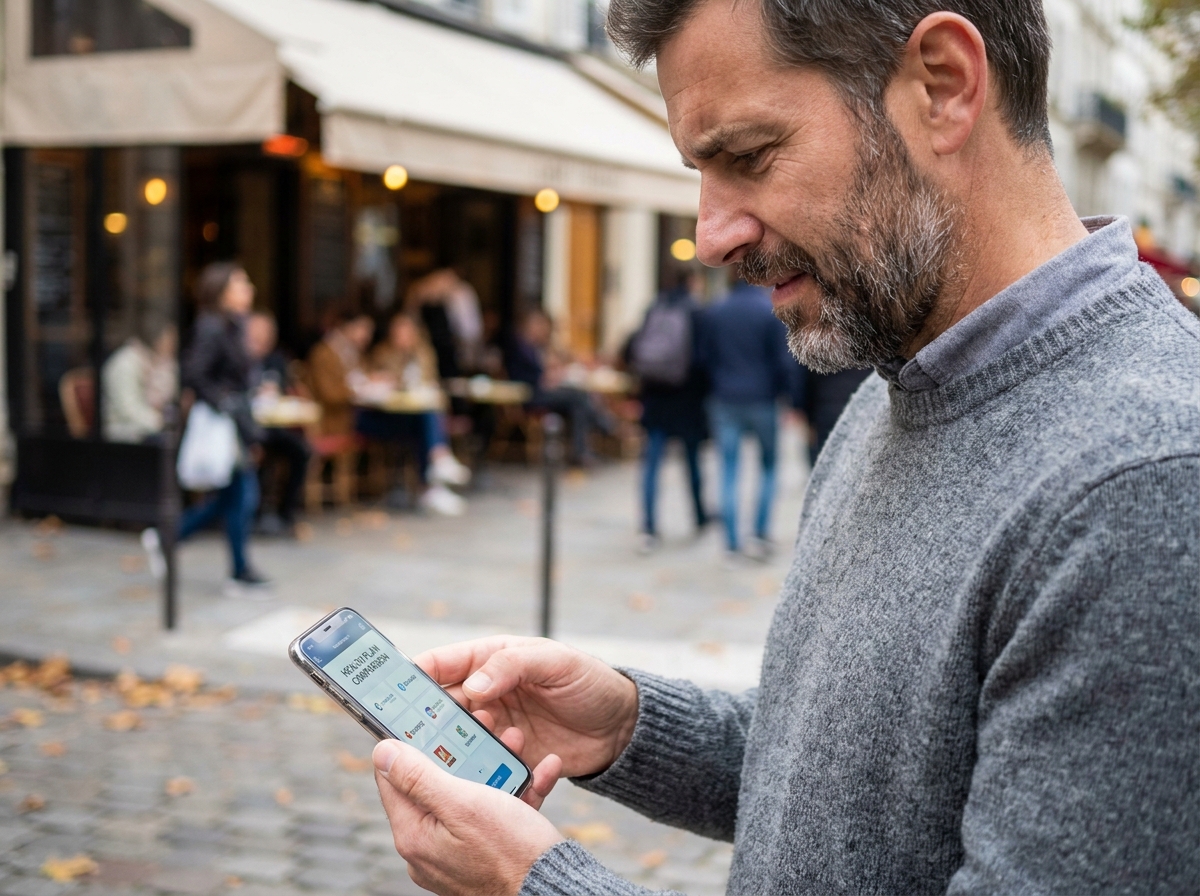 Travailleur indépendant comparant des offres de mutuelle santé sur smartphone en extérieur en ville