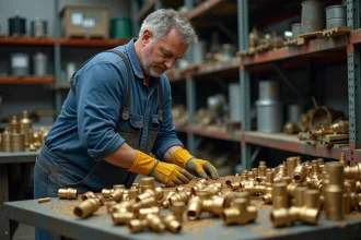 Ouvrier triant des pièces en laiton dans un centre de recyclage de métaux, vue 3/4 en entrepôt industriel