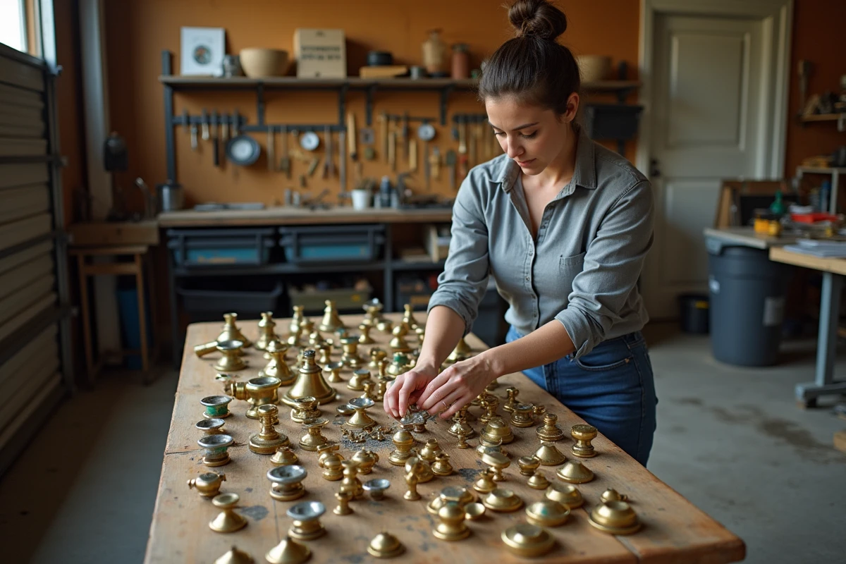 Femme triant des objets en laiton sur un établi avant revente à la ferraille