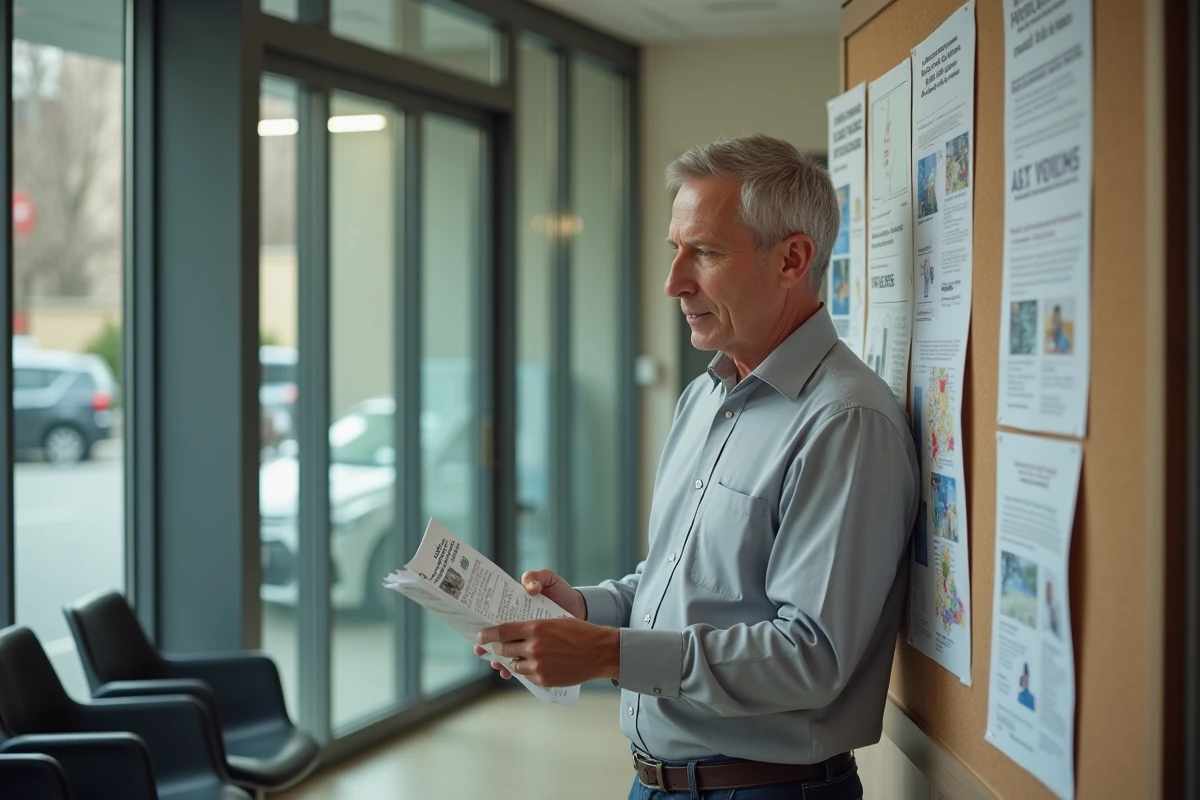 Usager consultant une brochure d'information dans la salle d'attente du SGC Nord Vendée