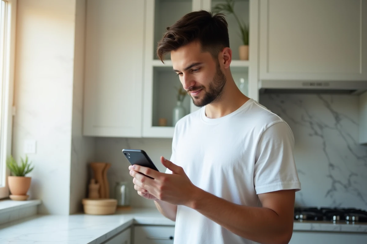 Jeune adulte vérifiant les étapes d'activation de son compte Bourse Directe sur smartphone dans une cuisine moderne