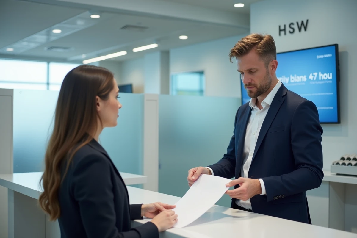 Homme en agence bancaire consultant un document de virement avec un conseiller, illustrant les délais d'opération à La Banque Postale